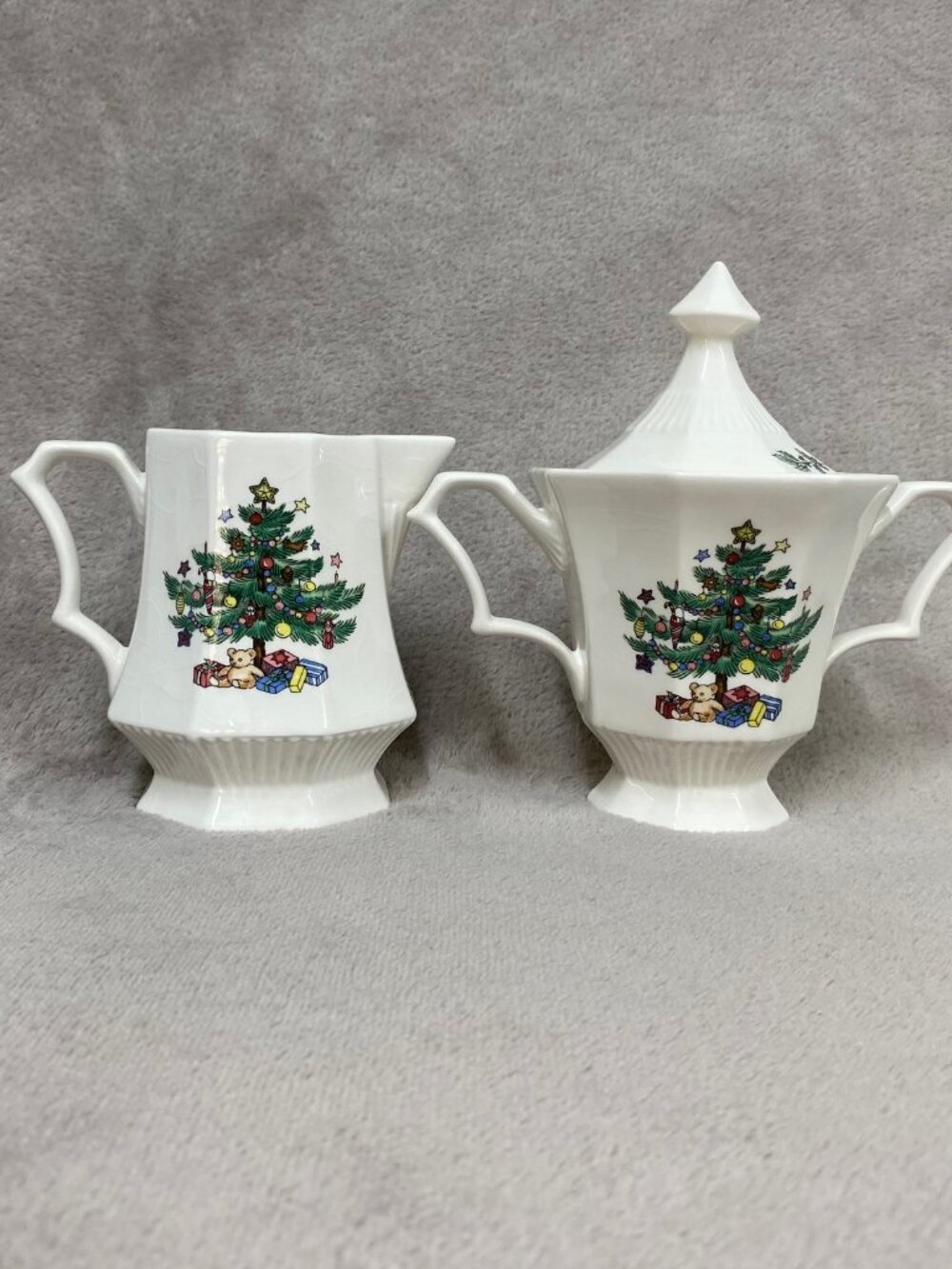Vintage Nikko Christmas Time Creamer and Lidded Sugar Bowl Christmas tree